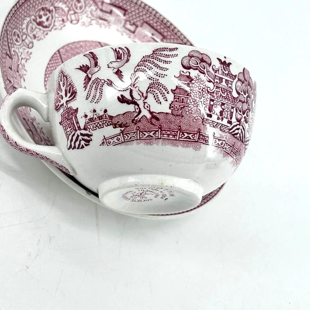 Societe Ceramique Maastricht Pink Red Willow Tea Cup & Saucer Set Holland VTG
